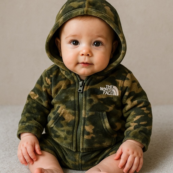 The North Face Camo Hooded Jacket 6 9 12 Month Fleece Winter Cozy Warm Green - Picture 1 of 5